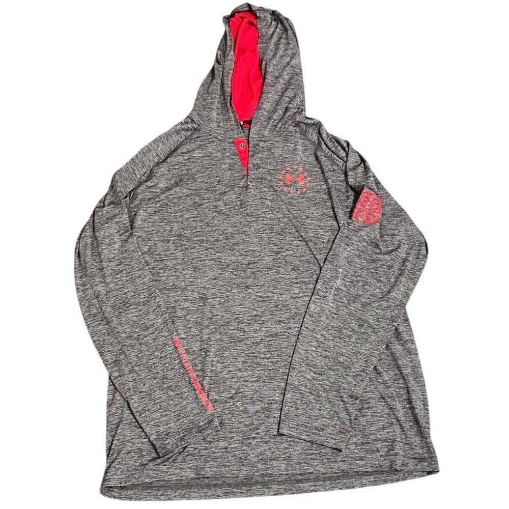 Under Armour Pullover Mens Size 2XL Freedom Tech Hoodie Light Weight Grey Red